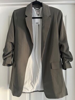 H&M Olive Green Gathered Sleeve Open-Front Blazer Jacket - NWT - Size M
